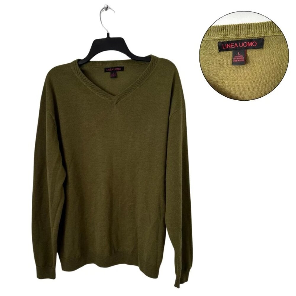 Linea Uomo Men’s Olive Green V-Neck Sweater Size L
